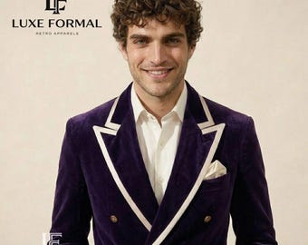 Men's Deep Purple Velvet Suit | Double Breasted Tuxedo with White Piping | Retro Vintage Groom Prom Suit