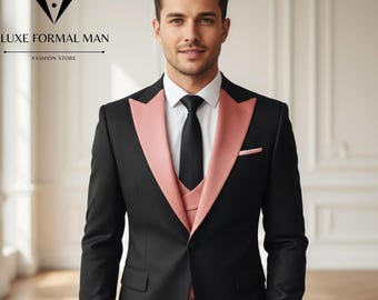 May include: A black formal suit with a pink lapel and vest. The suit includes a black tie, a white dress shirt, and a pocket square. The image also includes the text "LUXE FORMAL MAN" and "FASHION STORE".