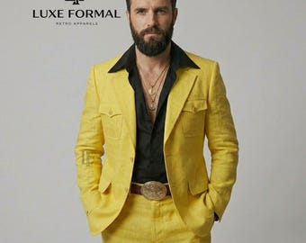 Herren 70er Jahre Vintage Gelber Zitronen Leinen Freizeitanzug | Retro 4 Pocket 2-teiliges Set mit Schlaghose Schlaghose | Maßgeschneidertes Disco-Outfit