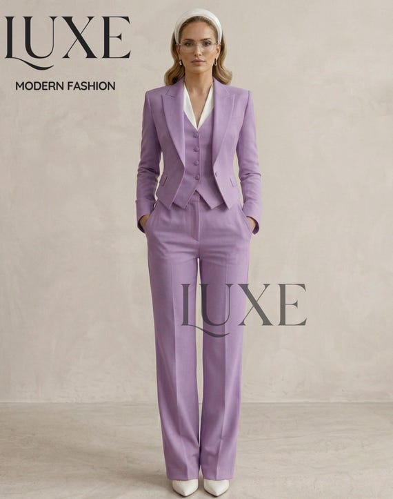 Women's Lavender 3 -Piece Suit | Tailored Pantsuit | Formal Business Wear | Ladies Waistcoat, Blazer & Trousers Set |
