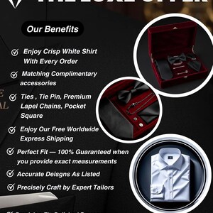 Puede incluir: Imagen promocional para ropa formal. El texto "THE LUXE OFFER" est&aacute; en la parte superior. La imagen incluye una camisa blanca, una pajarita negra, corbata, pa&ntilde;uelo de bolsillo y otros accesorios. La imagen tambi&eacute;n enumera los beneficios.