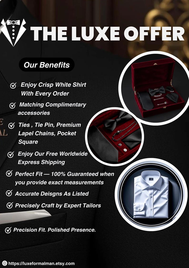 Puede incluir: Imagen promocional para ropa formal. El texto "THE LUXE OFFER" est&aacute; en la parte superior. La imagen incluye una camisa blanca, una pajarita negra, corbata, pa&ntilde;uelo de bolsillo y otros accesorios. La imagen tambi&eacute;n enumera los beneficios.