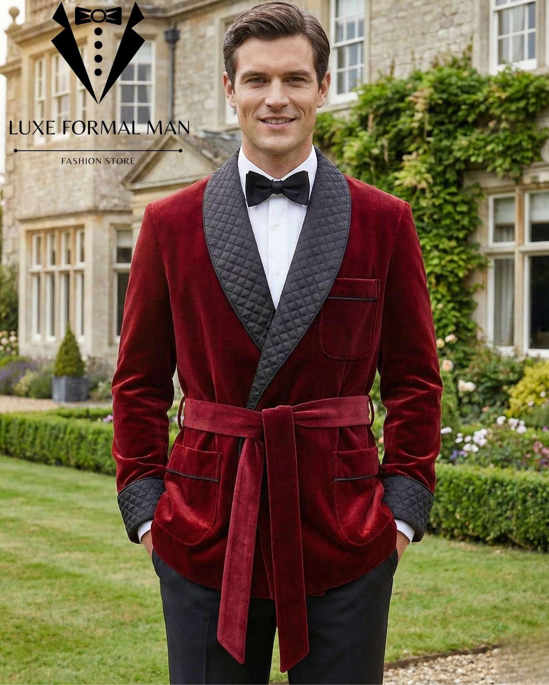 Men's Red Velvet Smoking Jacket - Quilted Shawl Lapel & Cuffs Robe ...