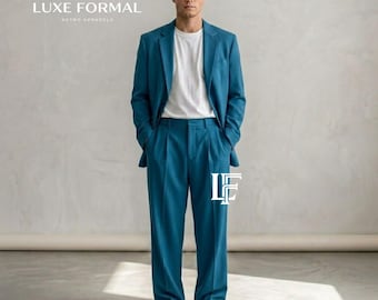 Men's Teal Blue Summer Suit | Relaxed Fit 2-Piece Suit | Wide Leg Trousers & Slouchy Blazer | Casual Beach Wedding Suit