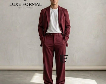 Men's Maroon Summer Suit | Relaxed Fit 2-Piece Suit | Wide Leg Trousers & Slouchy Blazer | Casual Beach Wedding Suit