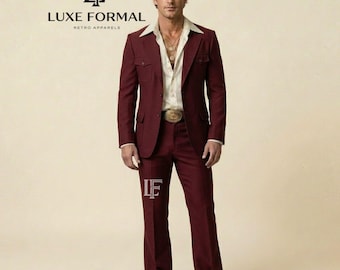 Traje de ocio vintage burdeos para hombre de los años 70 / Conjunto retro de 2 piezas con 4 bolsillos y pantalones acampanados / Traje disco a medida