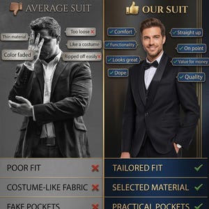 May include: A comparison graphic titled MY'S, TRUSTED BY MILLIONS. On the left, a black and white image of a suit with labels like thin material and too loose. On the right, a color image of a black suit with a bowtie and labels like comfort and quality.