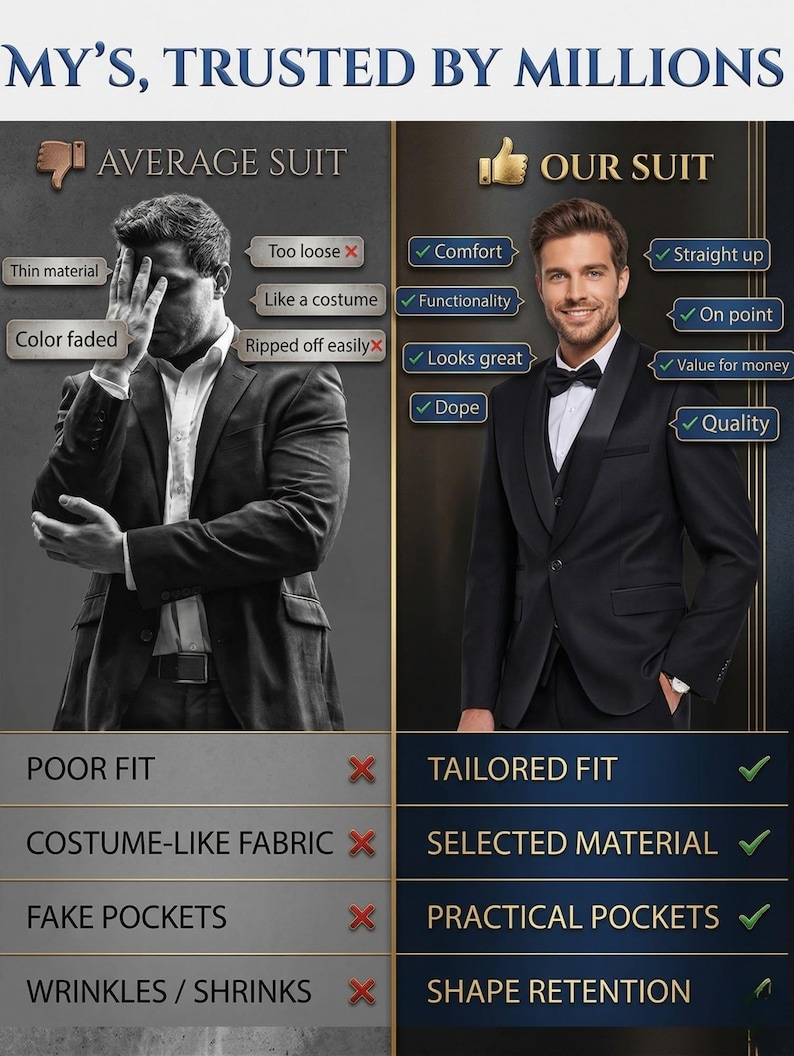 May include: A comparison graphic titled MY'S, TRUSTED BY MILLIONS. On the left, a black and white image of a suit with labels like thin material and too loose. On the right, a color image of a black suit with a bowtie and labels like comfort and quality.