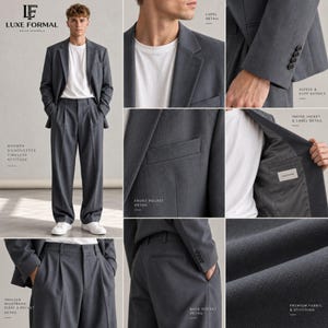 May include: A charcoal gray suit set featuring a single-breasted blazer with notched lapels, four-button cuffs, and a welt pocket. The matching trousers have a pleated waistband and back pockets. The interior label reads Luxe Formal.