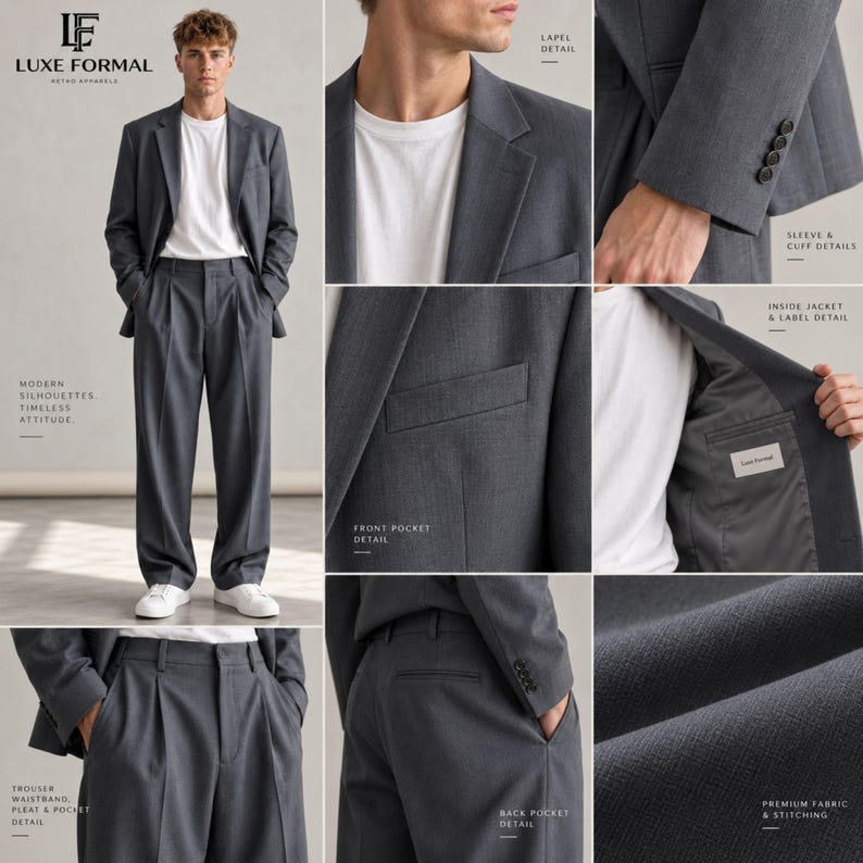 May include: A charcoal gray suit set featuring a single-breasted blazer with notched lapels, four-button cuffs, and a welt pocket. The matching trousers have a pleated waistband and back pockets. The interior label reads Luxe Formal.