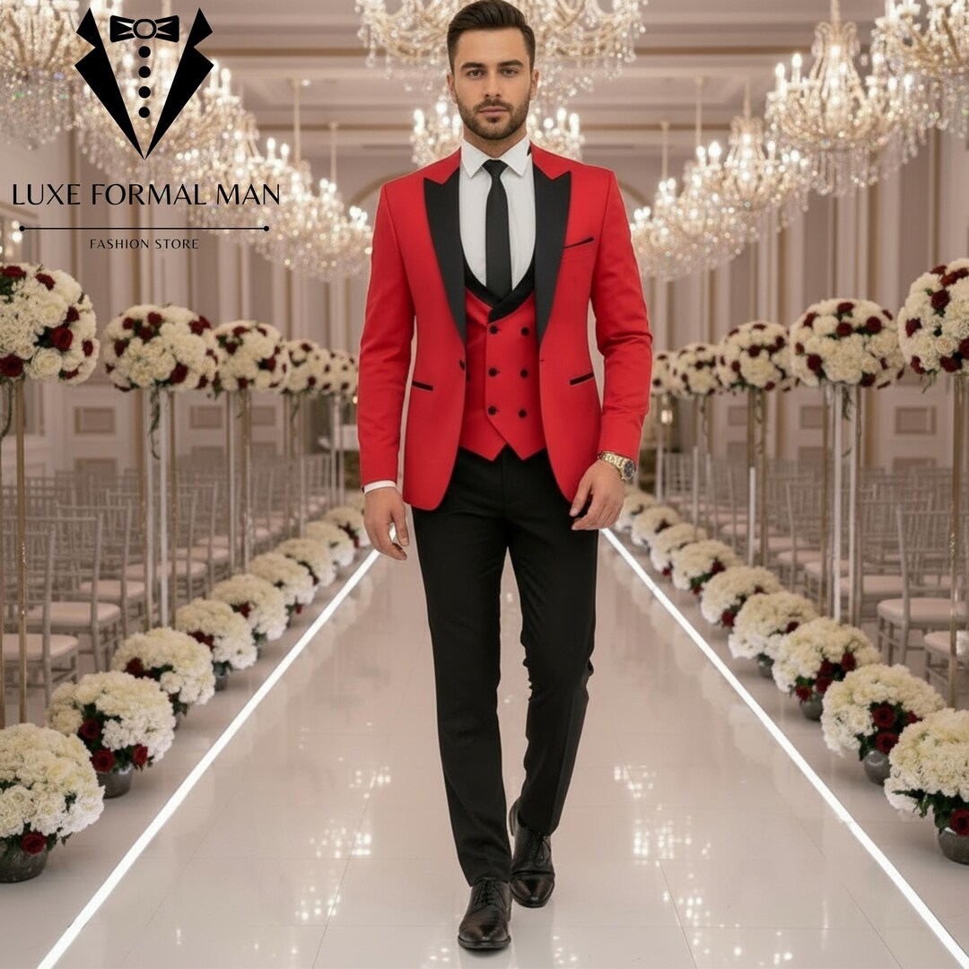 Men Suits Red and Black Lapel 3 Piece Suits Stylish Premium Elegant
