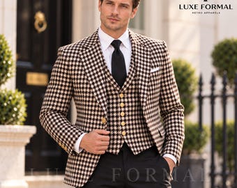 Terno masculino de três peças em pied-de-poule marrom e preto - Colete de abotoamento duplo, traje formal retrô para noivo.