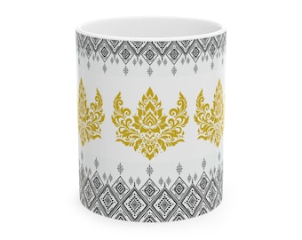 Thai Art Coffee Mug, Gold Floral and Geometric Pattern, Ceramic Tea Cup