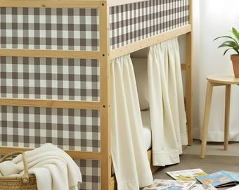 KURA BED Decal Brown Gingham, Ikea Decals for Kura Bed Boys, Kura Bed Stickers Removable, Wraps for Kura Loft Bunk Bed Accessories Decor