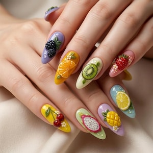 Presse-fruits d'été tropical fait main sur les ongles | Art 3D mangue, avocat, pêche et fruit du dragon | Ensemble d'ongles esthétiques alimentaires réalistes et vibrants