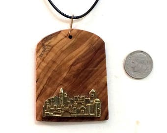 Bat Mitzvah  gift, Israel Olive wood pendant with Jerusalem souvenir Judaica Israel ירושלים P184