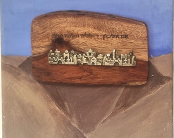 Jerusalem painting acrylic on canvas integrated with wood and metal Judaica painting 7