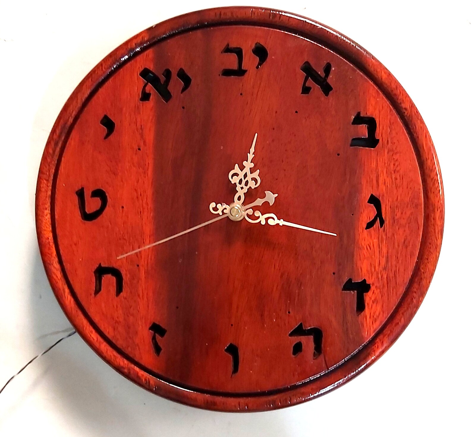 Wooden Large Wall Clock, Hollow Hebrew Letter Judaica Art LED