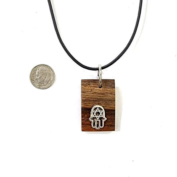 Israeli art rosewood sisso wood pendant Necklace with pewter Hamsa Star of David Judaica Israel מגן דוד P318