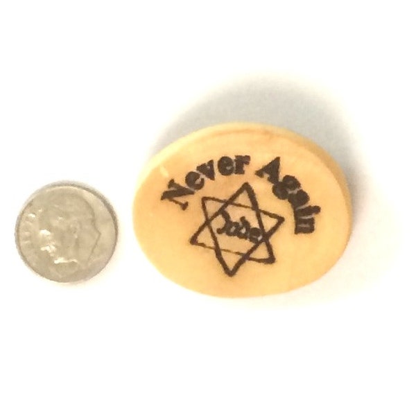 Never Again Shoah against antisemitism Israeli Olive wood art memorized pin the Holocaust engraved, Judaica Israel P163