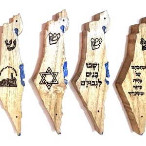 Venta estuche de 4 mezuzá de madera a bajo precio, hecho a mano de madera desconocida, en forma de mapa de la Tierra de Israel, regalo de bodas M233