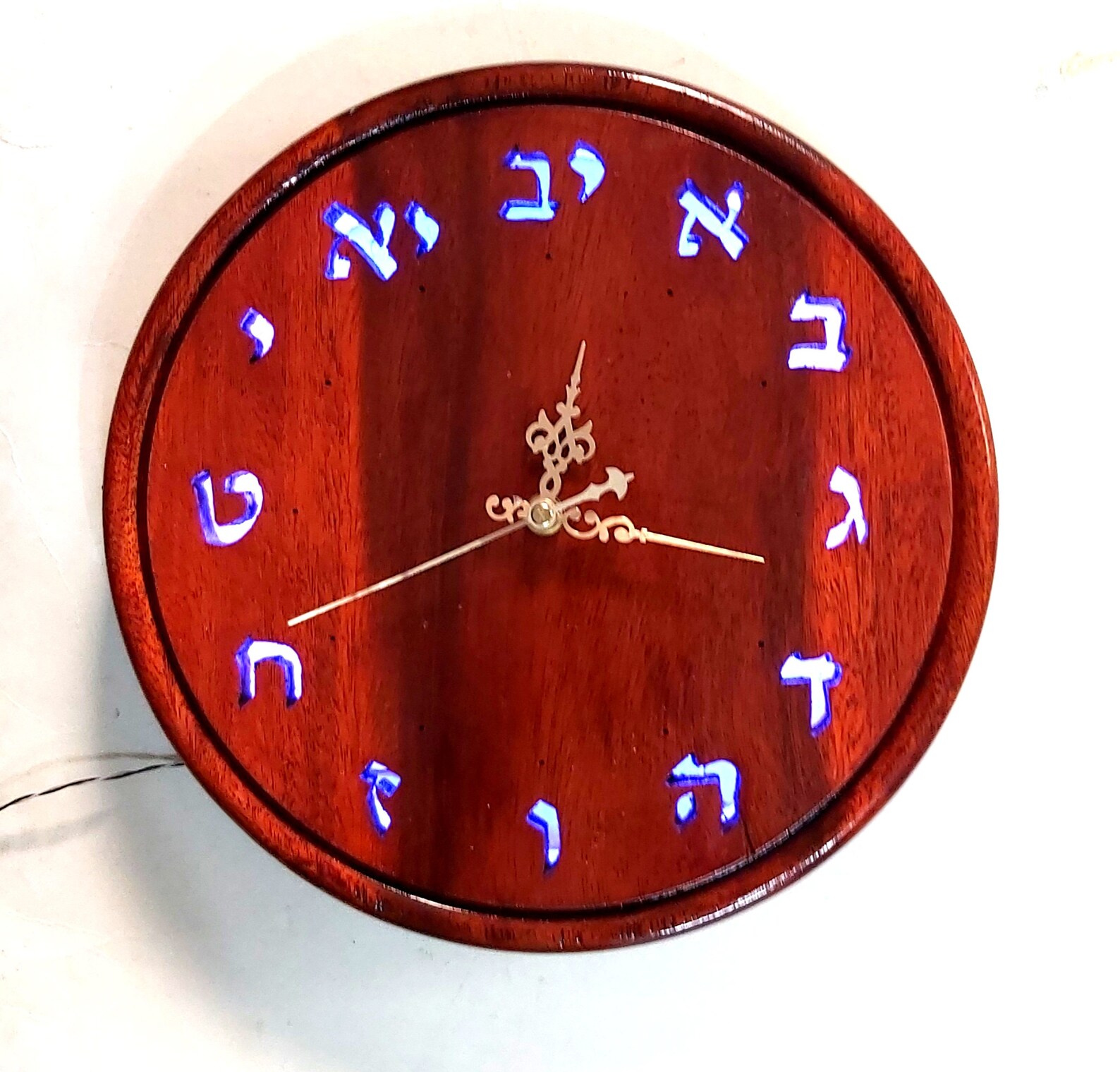 Wooden Large Wall Clock, Hollow Hebrew Letter Judaica Art LED