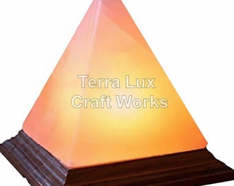 Pyramid Himalayan Pink Salt Lamp, hand-carved crystal, warm amber glow