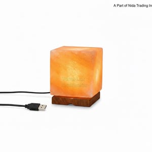 May include: A cube-shaped Himalayan salt lamp with a warm orange glow. The lamp sits on a wooden base and has a USB cable for power. The text "Terra Lux Craftworks" is visible on the front of the lamp.