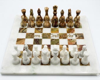 Scacchiera in marmo realizzata a mano, in onice bianco e verde, con scacchiera di lusso in pietra da 30 cm.