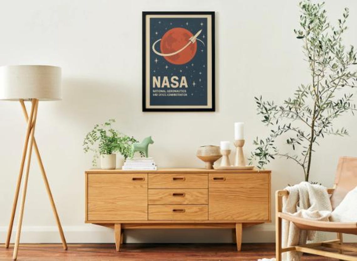 Retro NASA Poster | Vintage Space Art Print | Rocket & Planet Mid ...
