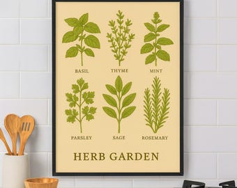 Vintage Herb Garden Botanical Print | Basil Thyme Mint Illustration | Rustic Herb Poster