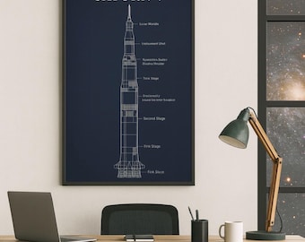 Schéma de la fusée Saturn V | affiche technique vintage de la NASA | Style de plan du lanceur Apollo