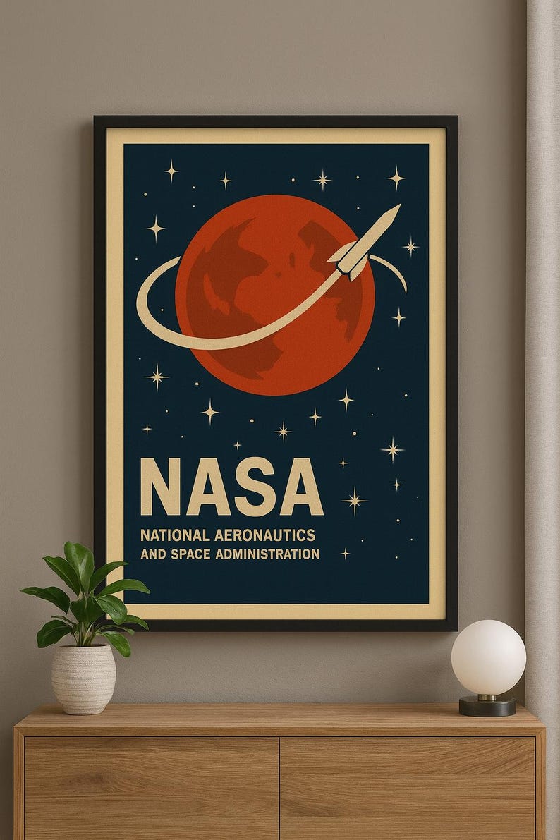 Retro NASA Poster | Vintage Space Art Print | Rocket & Planet Mid ...