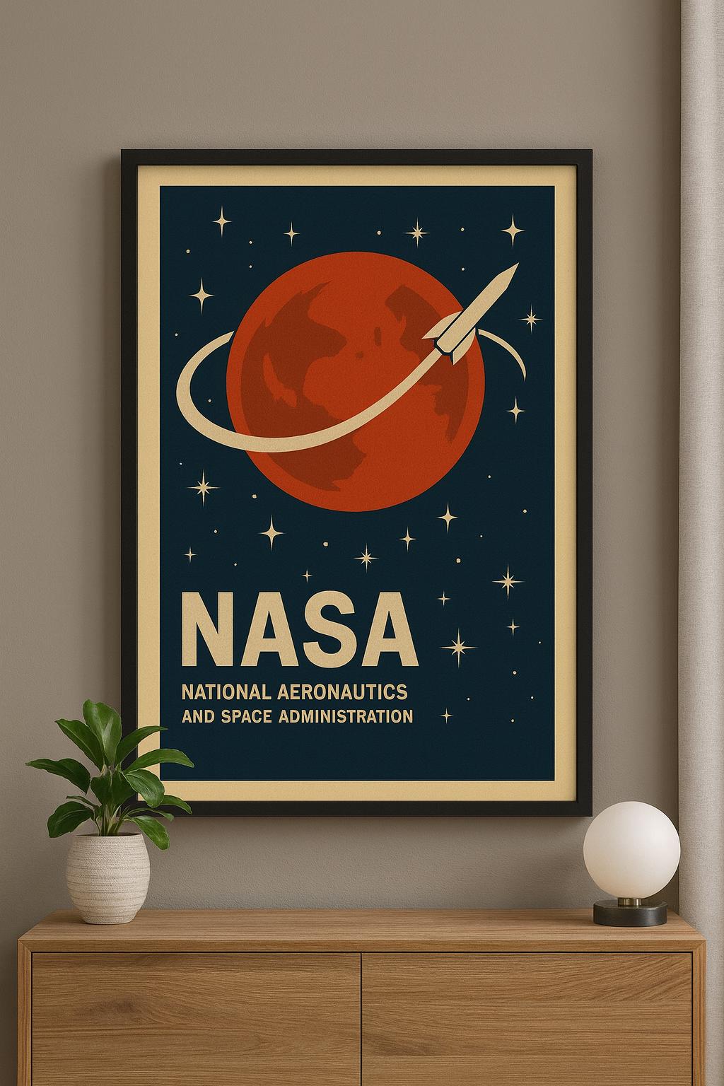 Retro NASA Poster | Vintage Space Art Print | Rocket & Planet Mid ...