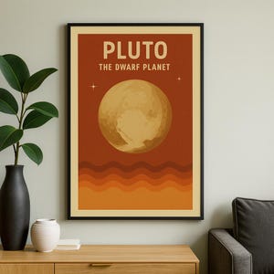 May include: A framed poster featuring a retro-style illustration of Pluto, the dwarf planet. The poster has a warm color palette of orange, brown, and beige. The text "PLUTO THE DWARF PLANET" is displayed at the top. The image includes a stylized depiction of Pluto and layered wave patterns.