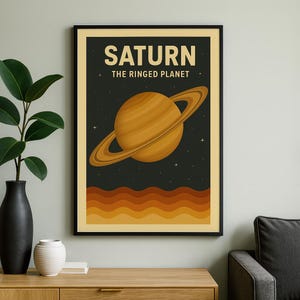 May include: A framed poster featuring Saturn, the ringed planet, in shades of orange and brown against a dark background. The text "SATURN THE RINGED PLANET" is displayed at the top. The bottom of the poster has a series of wavy orange and brown lines.