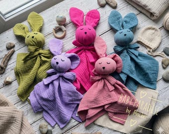 Personalisierte Bio-Musselin-Häschentröster, natürliche Baumwoll-Baby-Sicherheitsdecke