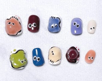 Alien Blob Press On Nails | 3D Monster Cartoon, Short Oval