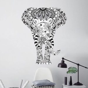 Elephant Wall Decal - Black, White, and Greay Floral Pattern - Easy Peel and Stick Fabric Elephant Wall Sticker