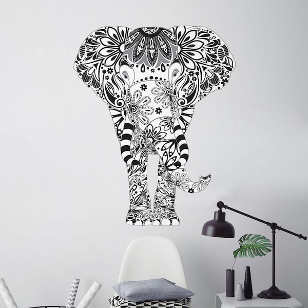 Elephant Wall Decal - Black, White, and Greay Floral Pattern - Easy Peel and Stick Fabric Elephant Wall Sticker