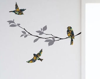 Birds and Tree Branch Wall Decal Set, Floral Harvest Pattern