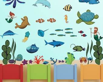 Ocean Scene Wall Decals by My Wonderful Walls – 44 Peel & Stick Under the Sea Wall Decals for Nursery and Kids Room - MINI SET (#1245-17)