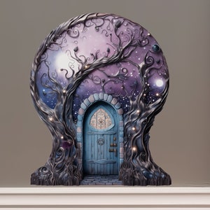 Starry Nebula Sky with Tree House Moon Decor Fairy Door 3D Wall Sticker image 1