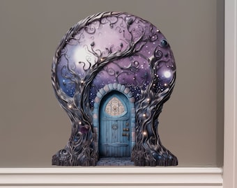 Starry Nebula Sky with Tree House Moon Decor - Fairy Door 3D Wall Sticker