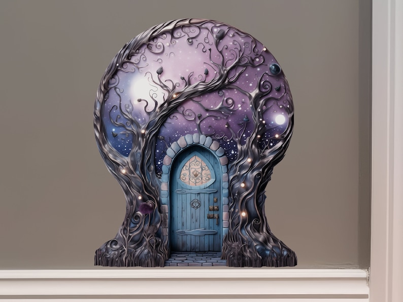 Starry Nebula Sky with Tree House Moon Decor Fairy Door 3D Wall Sticker image 1