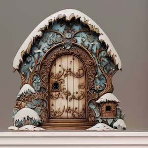 Etiqueta de la pared de la casa del pueblo de Navidad - Puerta de decoración de la casa del país de las maravillas del invierno del bosque encantado azul