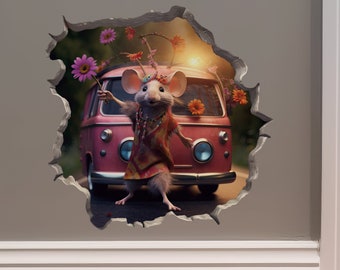Boho Hippie Girl Mouse in Mouse Hole Decal - Mouse Hole 3D Wall Sticker