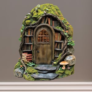 May include: A miniature fairy house with a wooden door and a bookshelf filled with books, surrounded by moss and rocks. The house is nestled in a tree trunk with a mushroom growing nearby.