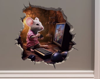 Gaming Mouse in Mouse Hole Decal - Mouse Hole 3D Wall Sticker