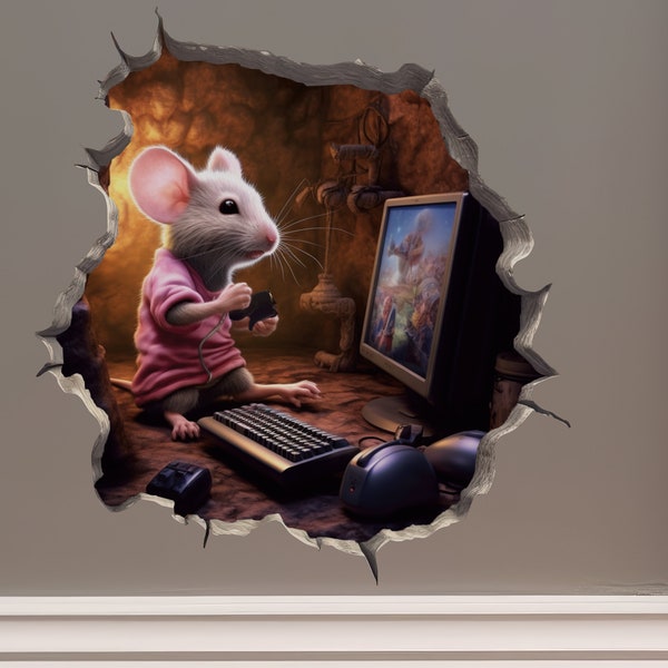 Gaming Mouse in Mouse Hole Decal - Mouse Hole 3D Wall Sticker